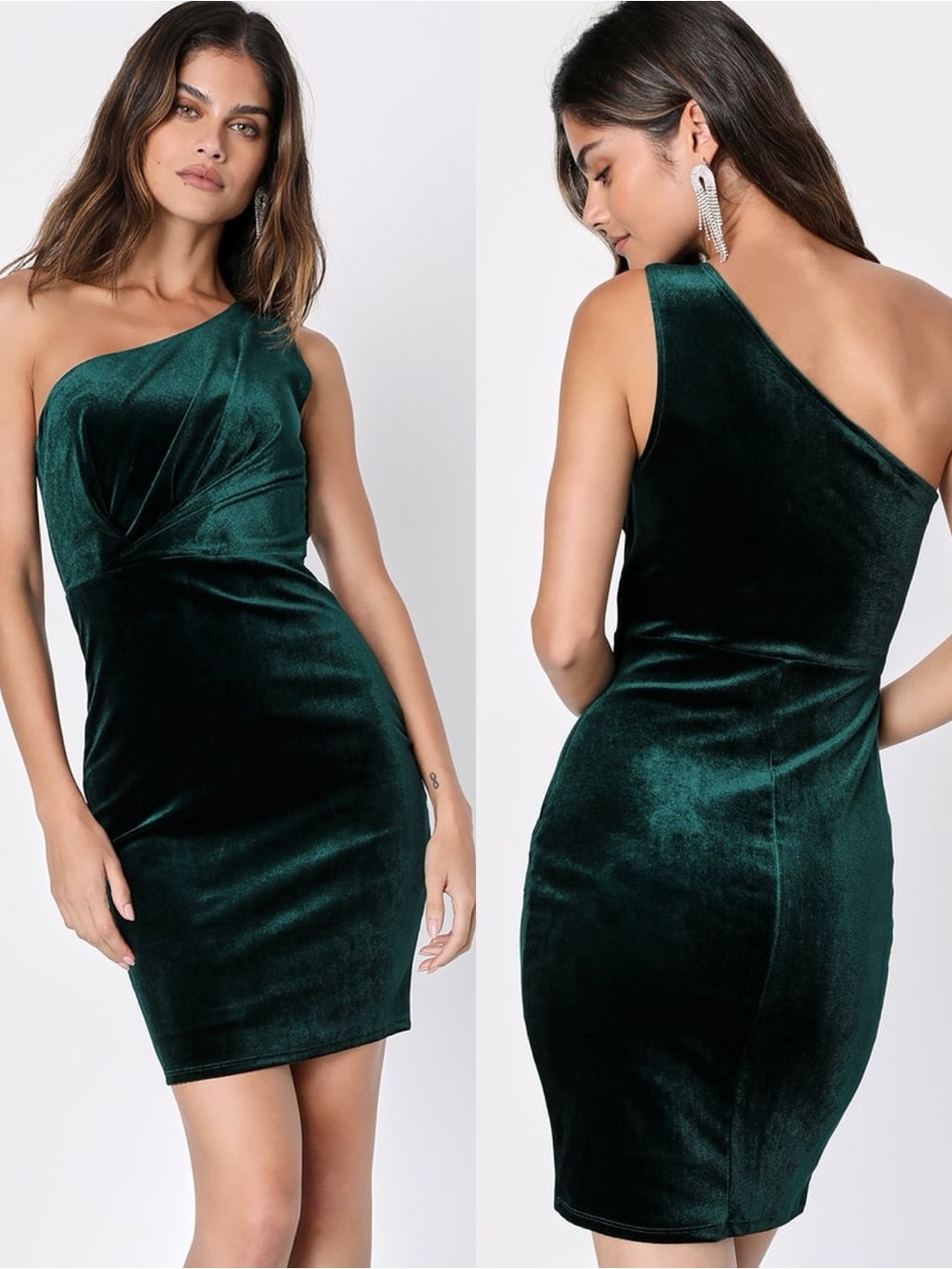 Lulus | Candlelit Date Forest Green Velvet One-Shoulder Bodycon Mini Dress